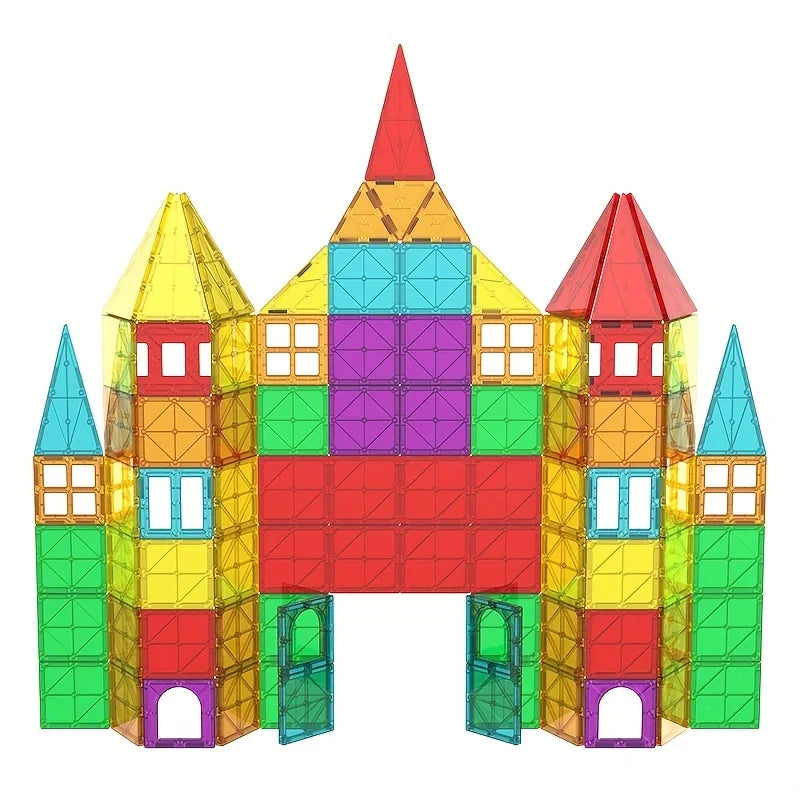 A colorful magnetic building blocks set shaped like a castle, constructed from various colored tiles.