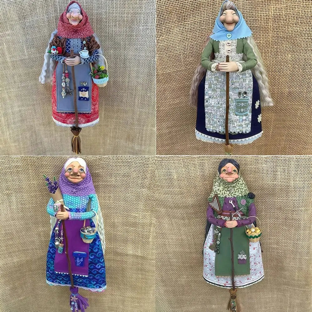 Handcrafted kitchen witch doll with antique charm dressed in colorful robes and accessories