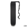Black straight hair extension in a ponytail with a wrap-around clip