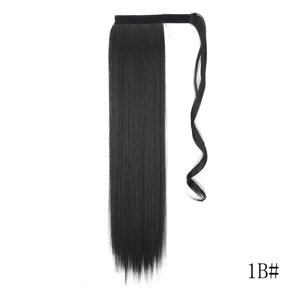 Black straight hair extension in a ponytail with a wrap-around clip