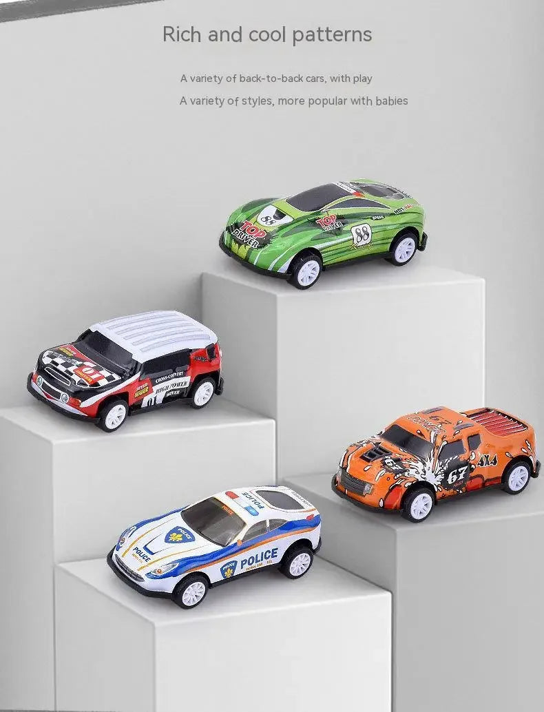 Diecast stunt cars in various colors and styles displayed on white pedestals.