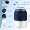 A blue mini blender with a clear bowl and blade is shown alongside features like hygienic design, easy operation, and stainle