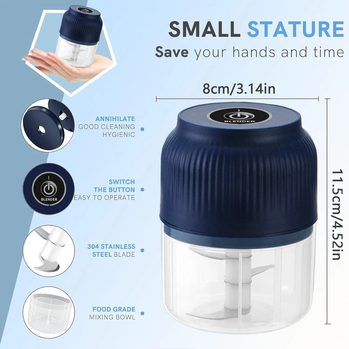 A blue mini blender with a clear bowl and blade is shown alongside features like hygienic design, easy operation, and stainle