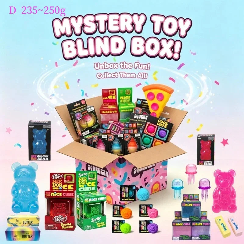 A box of Mystery Toy Blind Box featuring various squishy cube toys and fidget items.