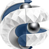 A white and blue fidget cube with spherical balls, showing a geometric design.