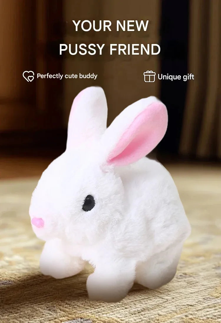 A white bunny plush toy with pink inner ears is shown on a wooden surface.