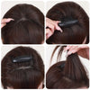 Close-up images showing an invisible hair root lifter comb used for styling dark brown hair.