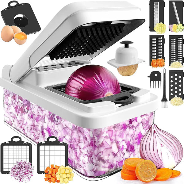 A white multifunctional vegetable chopper with seven blades is shown next to various chopped vegetables and a whole red onion