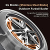 Close-up of a stainless steel stubborn football buster tool with six blades inside a circular device.