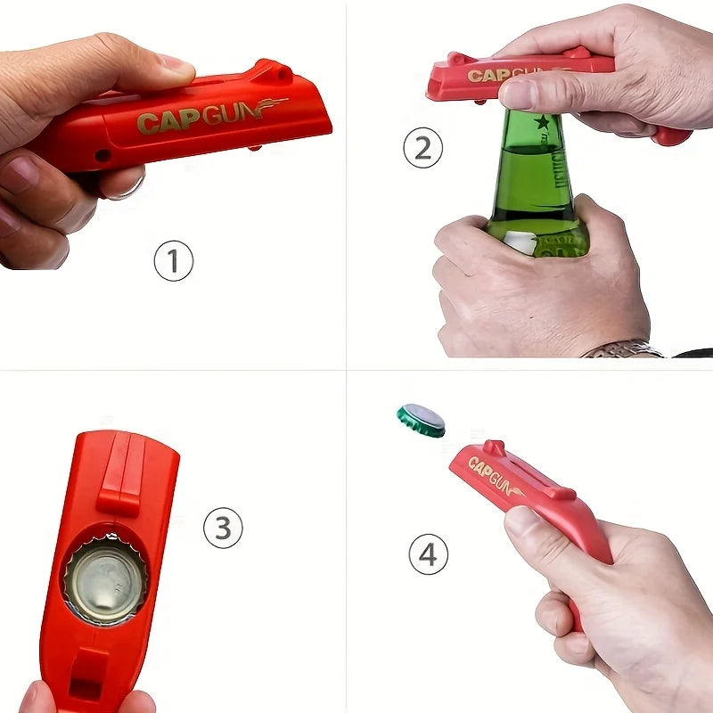 A set of tools showing how to use a CapGun bottle opener, including the tool and a glass bottle.
