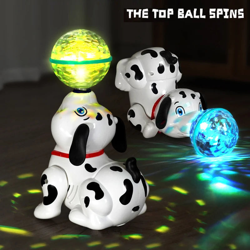 A white and black spotted dog toy spins with bright yellow lights on its head and body.
