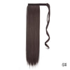 Long, straight, dark brown hair extension in a sleek ponytail style.
