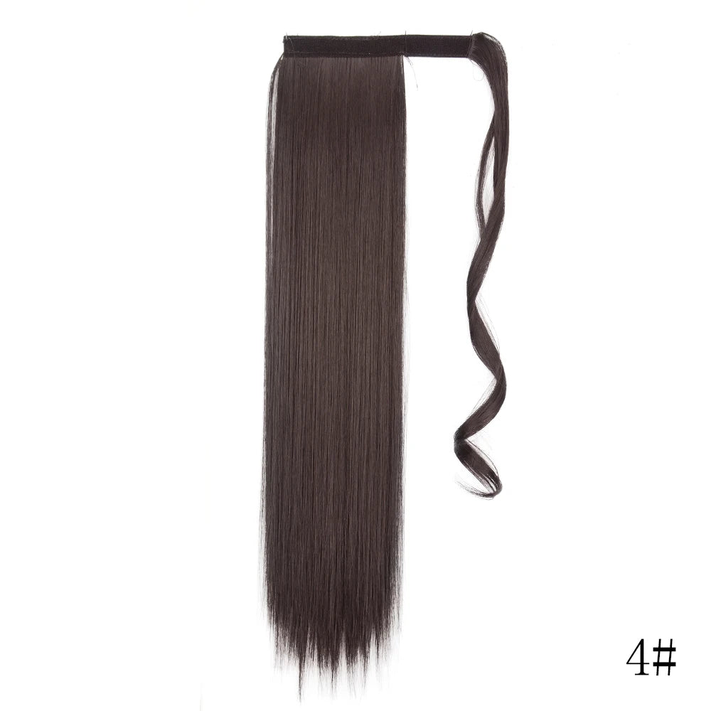 Long, straight, dark brown hair extension in a sleek ponytail style.
