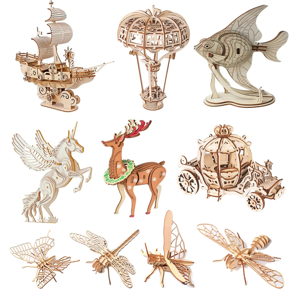 Conjunto de kits de manualidades de rompecabezas de madera con animales como barco, pez, ciervo y mariposas.
