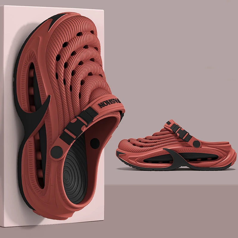 A pair of terracotta-colored men's EVA slip-on sandals with a cushioned platform sole shown in a vertical view.