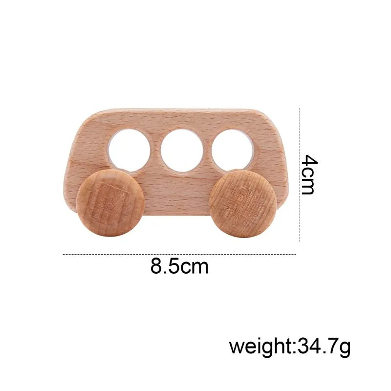 A light wood hand-pushed cart toy for toddlers with four circular openings and two round wooden wheels.