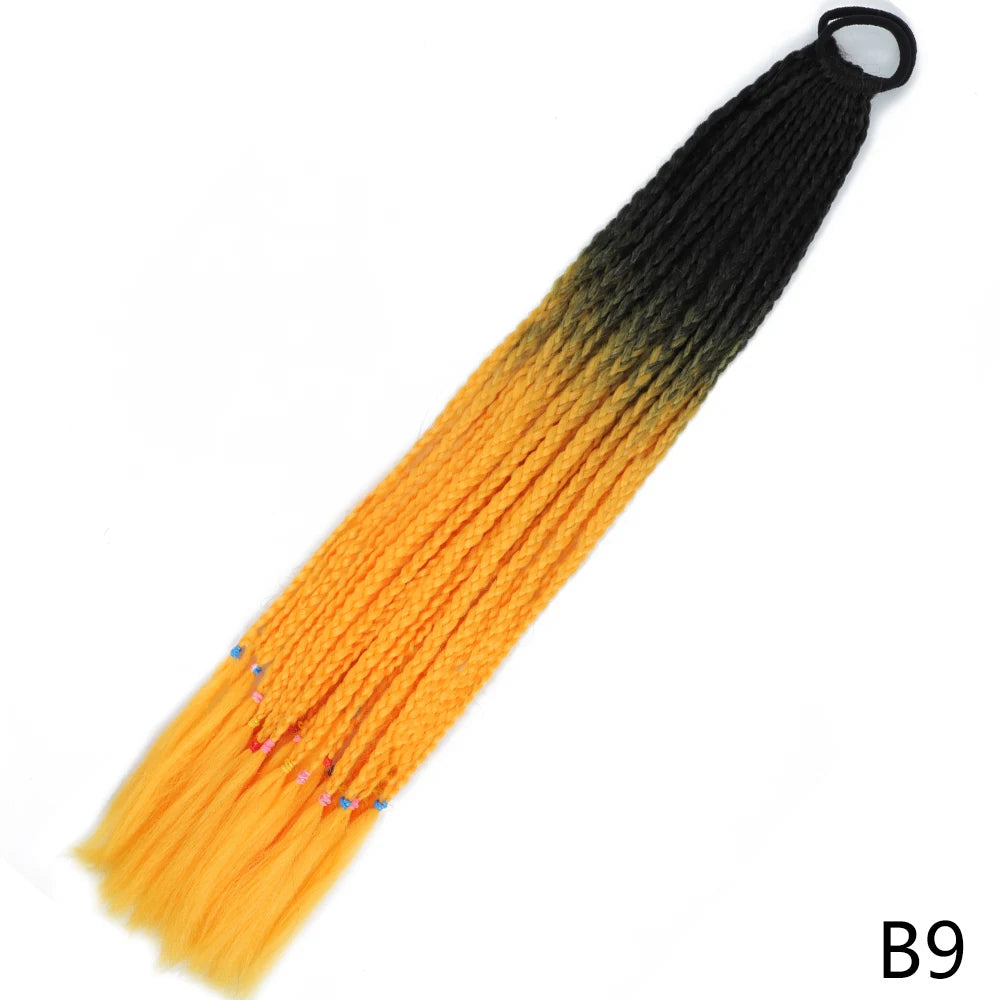 A long hair extension featuring a gradient of black to orange, pre-braided and attached with an elastic band.