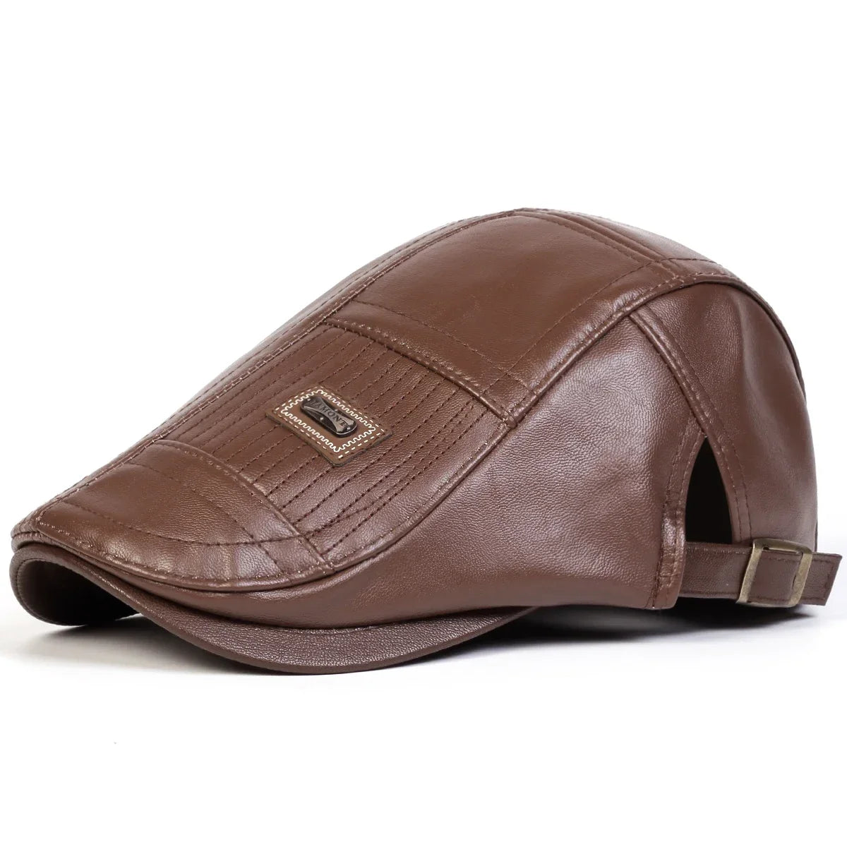 A brown faux leather newsboy cap with a textured finish and adjustable strap is shown from the side.