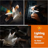 Close-up of LED fingerless gloves with built-in flashlights being used for tasks like typing and home improvement.