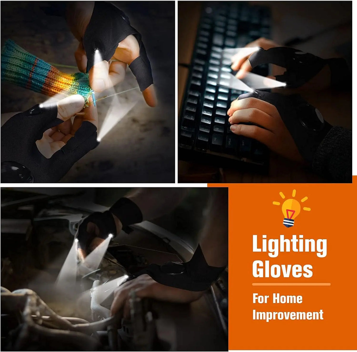 Close-up of LED fingerless gloves with built-in flashlights being used for tasks like typing and home improvement.