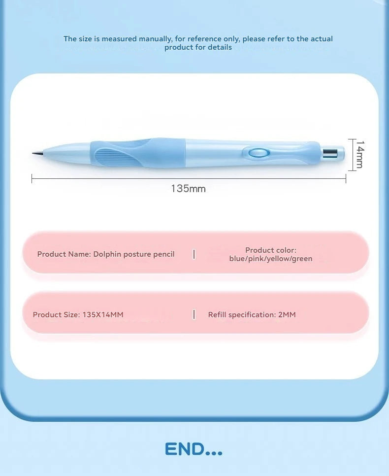 A blue and pink mechanical pencil is shown with dimensions 135mm long and a 2mm refill.