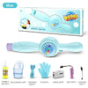 Blue plastic bubble wand toy with various accessories including measuring cup, gloves, and battery.