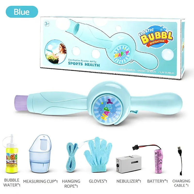 Blue plastic bubble wand toy with various accessories including measuring cup, gloves, and battery.