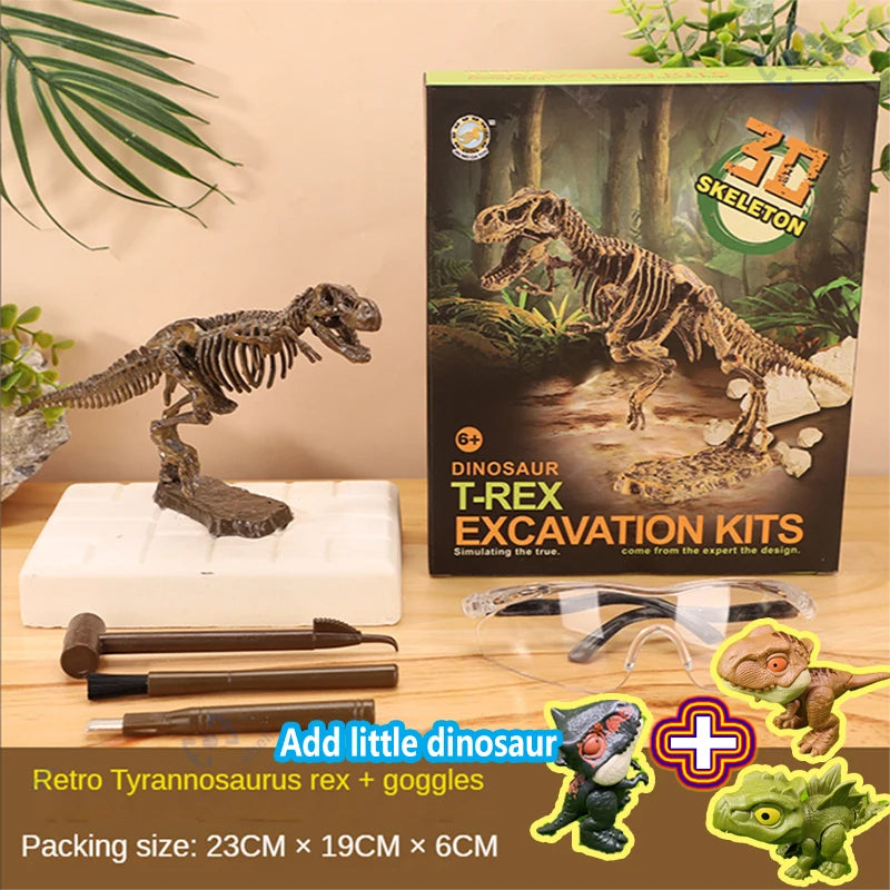 A dinosaur skeleton model and excavation tools are shown in a box for a T-Rex excavation kit.