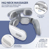 A white H62 neck massager device showing its components and intensity settings.