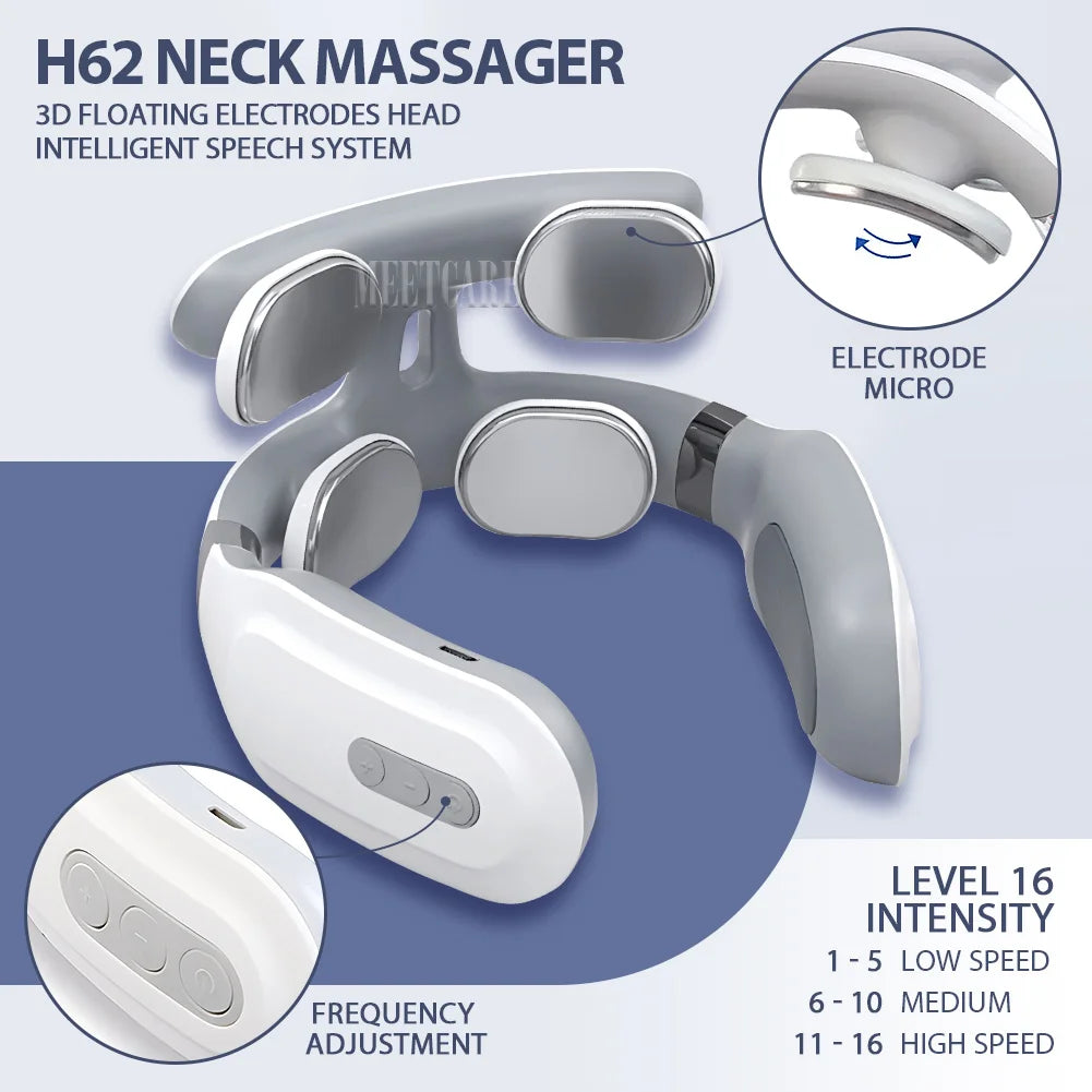 A white H62 neck massager device showing its components and intensity settings.