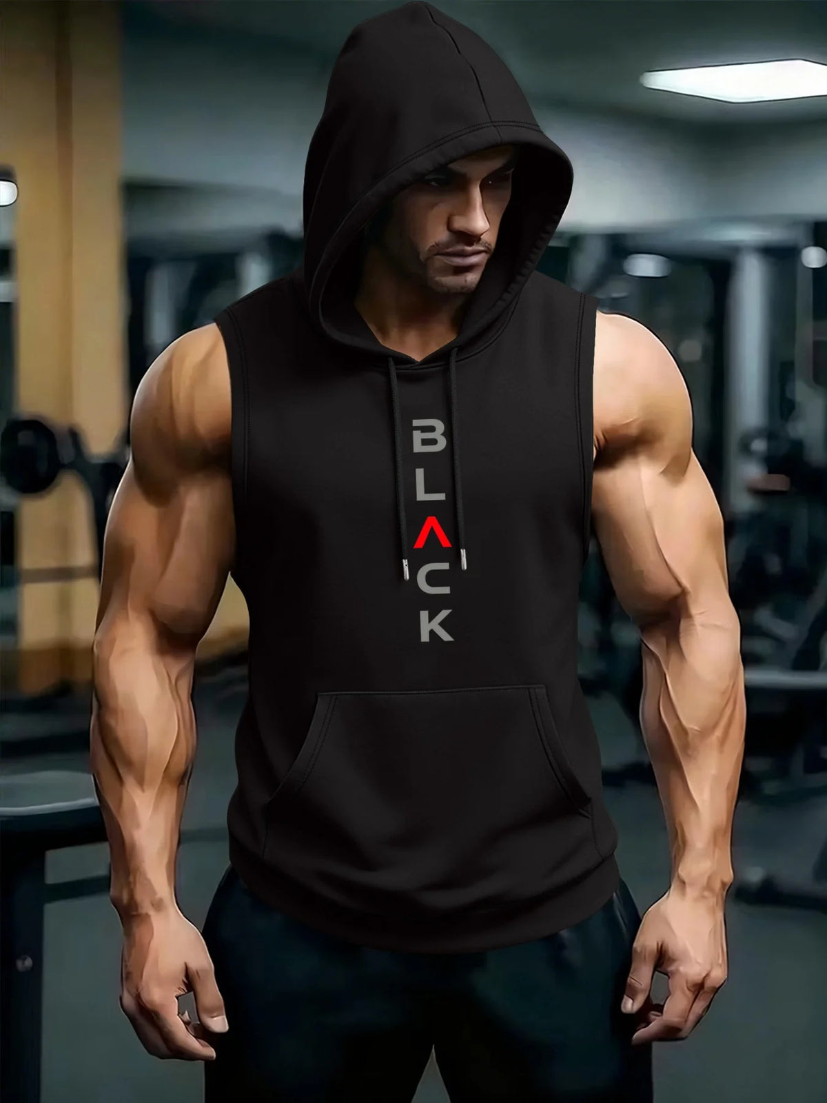 A muscular man wearing a black performance hooded tank top stands in a gym setting.