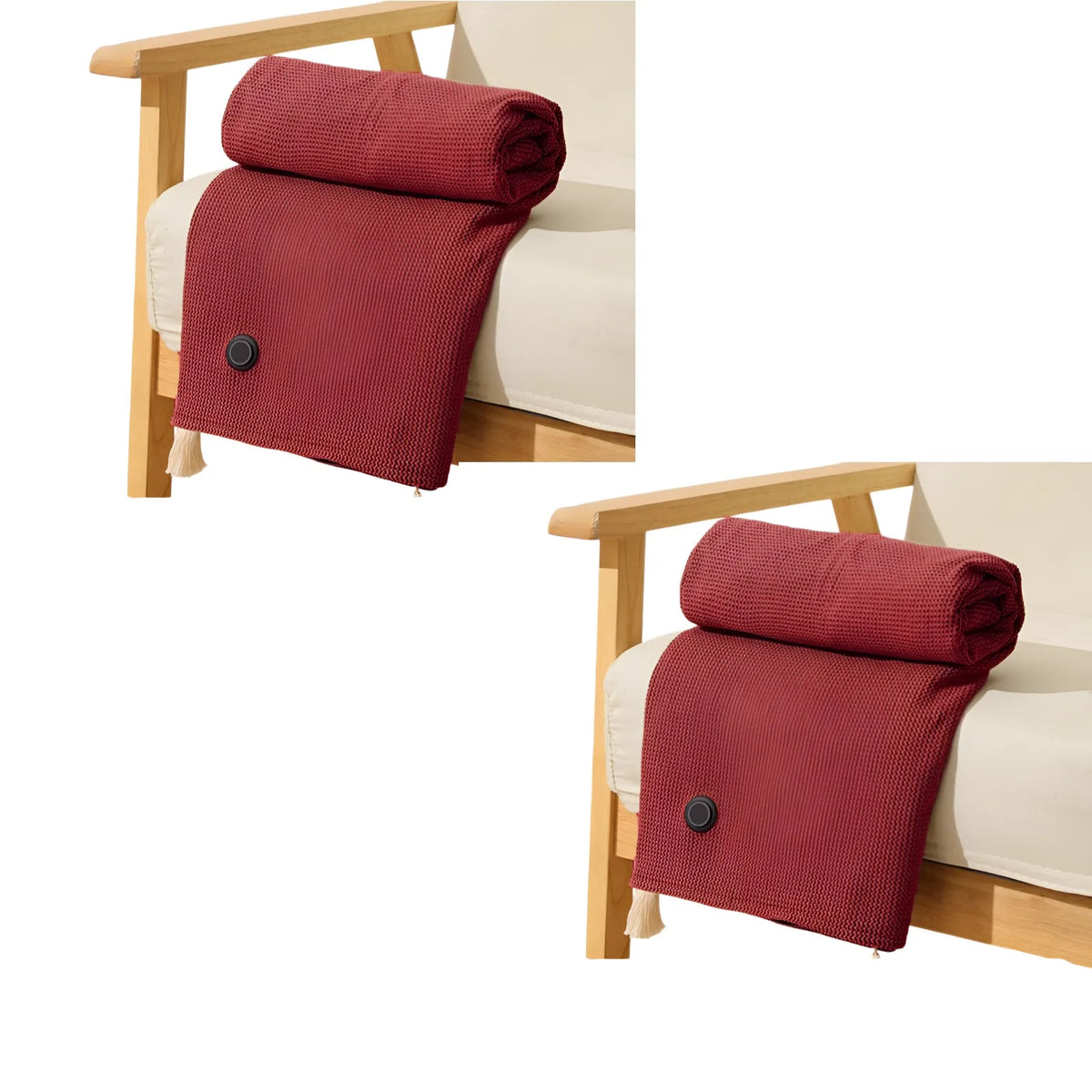 A maroon portable heated shawl or wearable electric blanket folded on a wooden stand.
