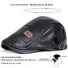 Black men's retro faux leather newsboy cap shown with head measurement guidelines.