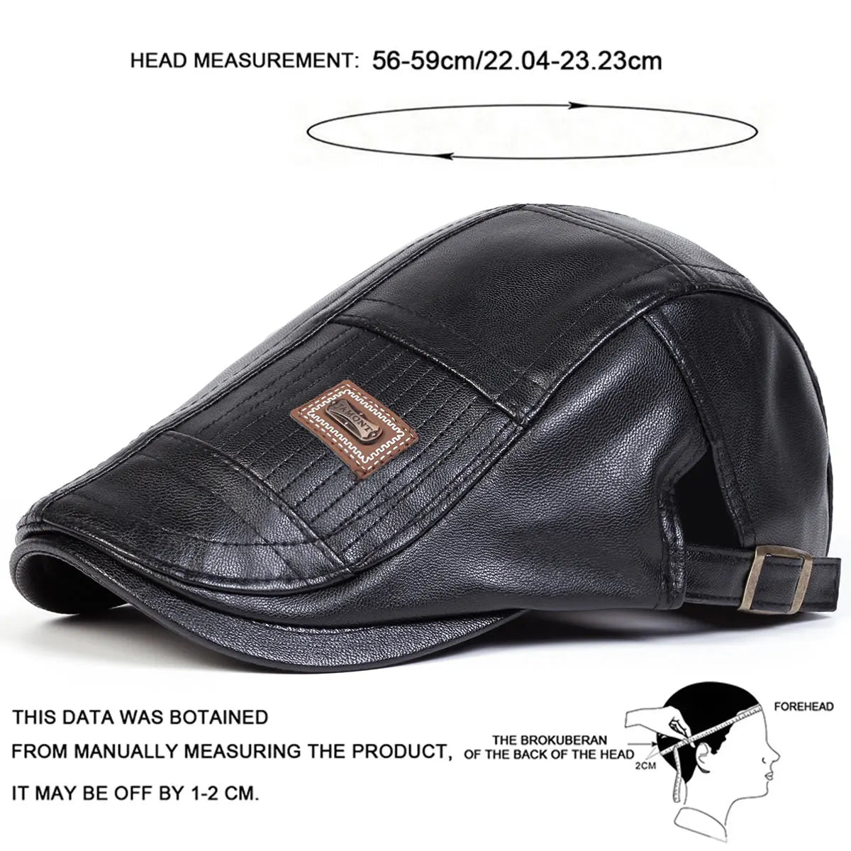 Black men's retro faux leather newsboy cap shown with head measurement guidelines.