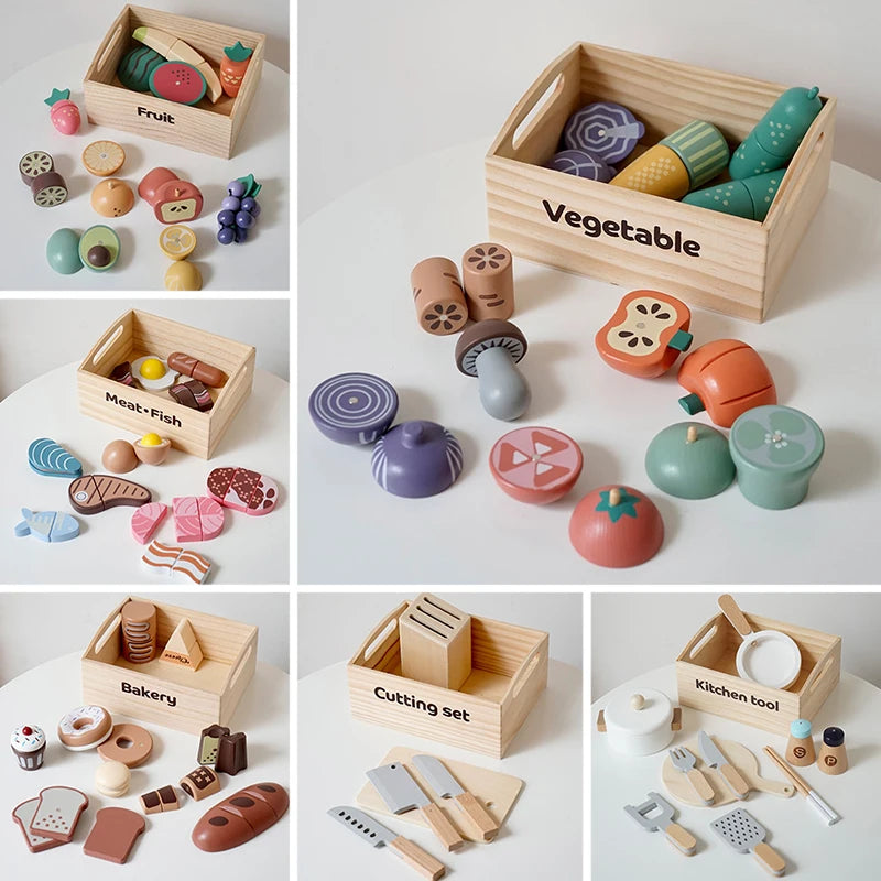 A collection of wooden pretend play food and cutting sets for kids in various colors and shapes.