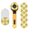 An orange rotary fabric cutter with a yellow handle and multiple cutting discs is shown.