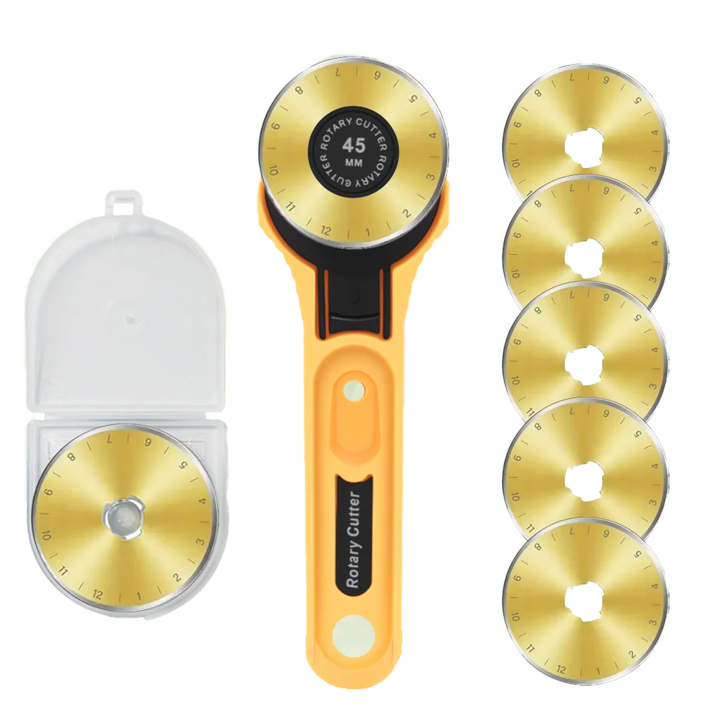 An orange rotary fabric cutter with a yellow handle and multiple cutting discs is shown.