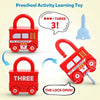 Red fire truck toy with a key, showing how to open the lock for preschool learning.