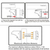 Diagram showing how to close and open a cupboard door using a magnetic lock with a key, and the maximum effective distance.