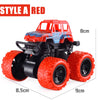 A red pull-back stunt SUV toy car with black and blue accents and large tires.