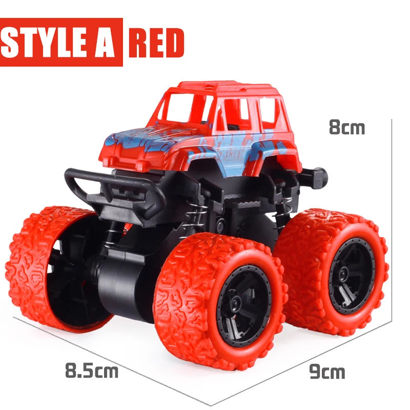 A red pull-back stunt SUV toy car with black and blue accents and large tires.