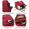 A maroon mini backpack shown from various angles highlighting its anti-theft zipper pockets and internal storage.