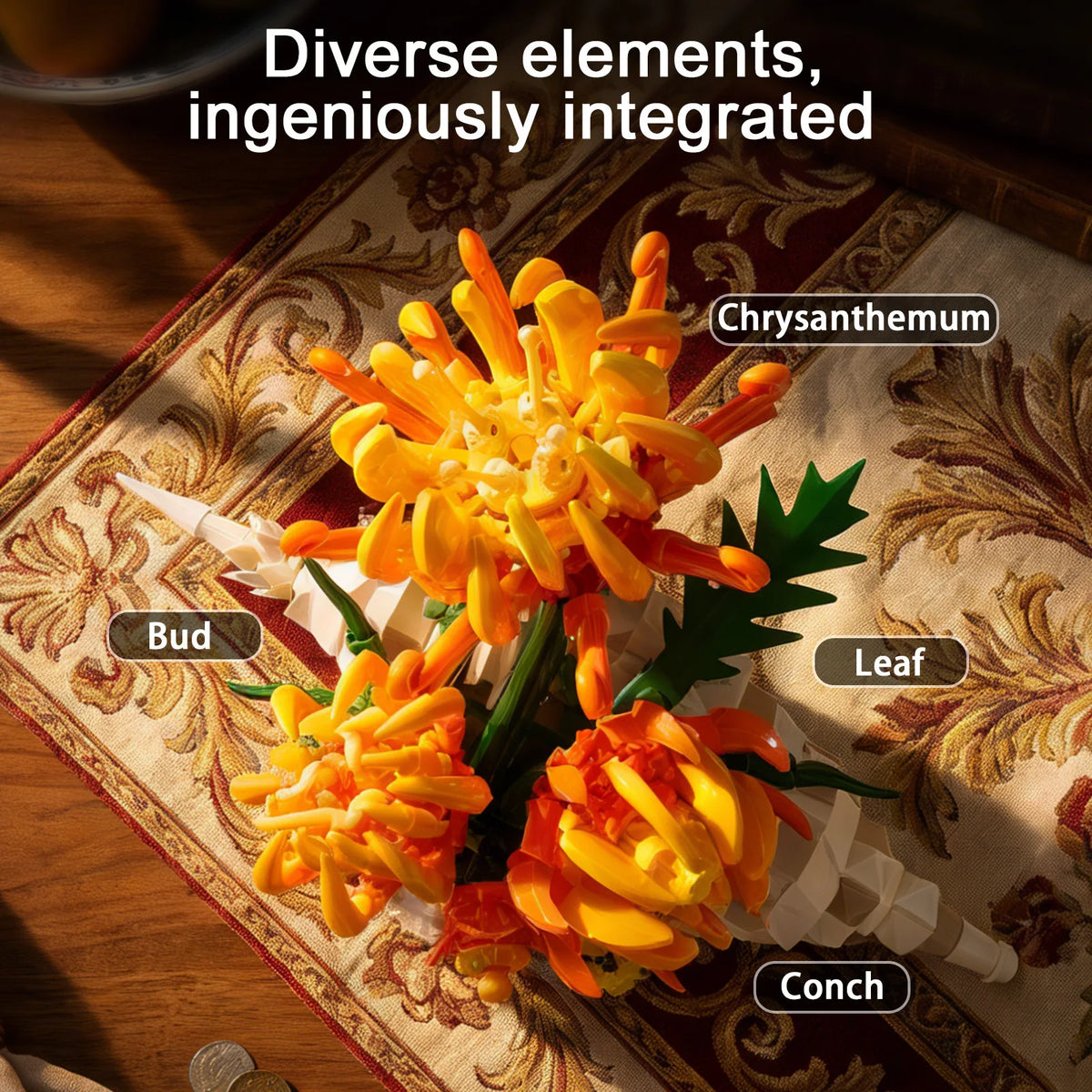 A vibrant sculpture featuring chrysanthemum flowers, a bud, a leaf, and a conch shell integrated into a building block set.