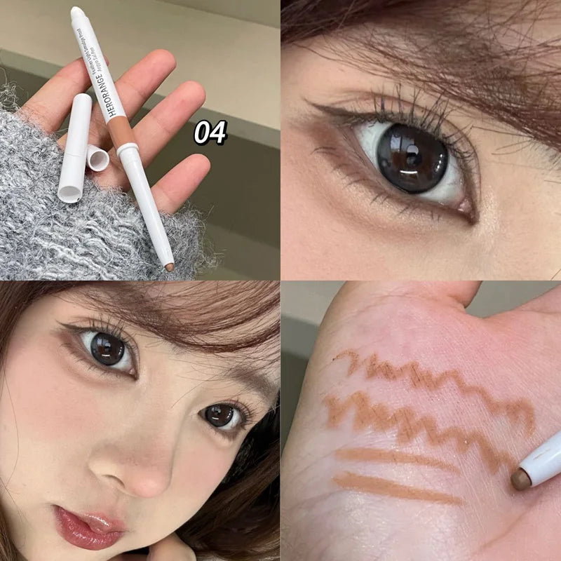 Nærbilde av en øyenbrynsblyant og et øye med eyeliner, med brun øyenskygge.