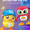 A yellow duck toy with a blue hat and a red owl toy are shown dancing with lights and music.