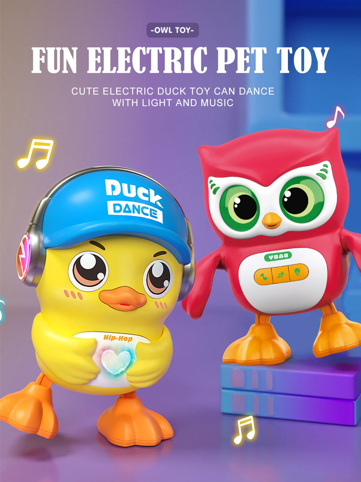 A yellow duck toy with a blue hat and a red owl toy are shown dancing with lights and music.