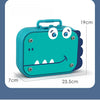 A teal-colored plastic toolbox shaped like a green dinosaur with large eyes and teeth, showing its dimensions.