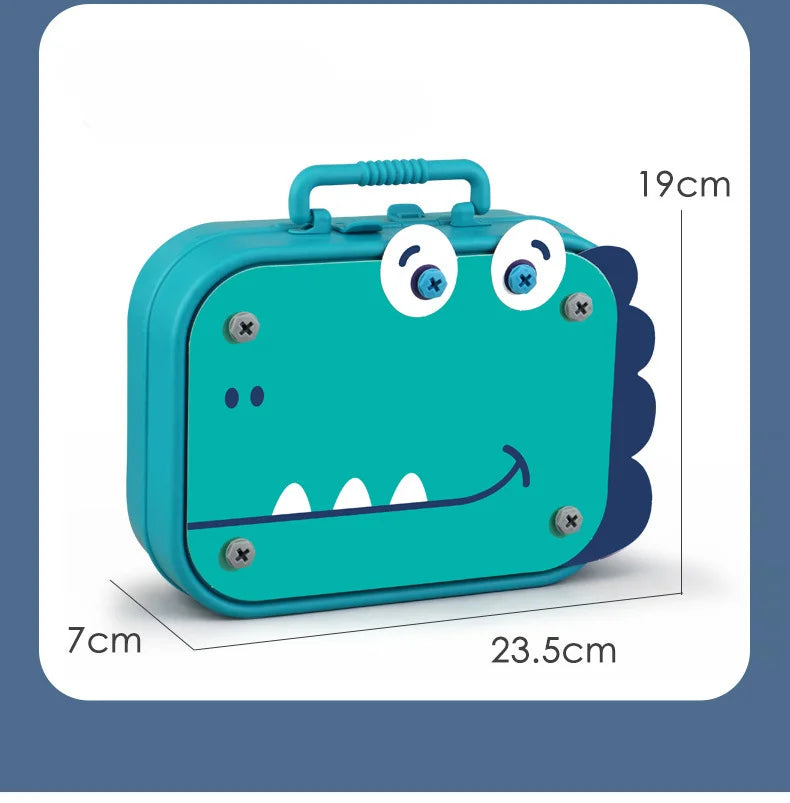 A teal-colored plastic toolbox shaped like a green dinosaur with large eyes and teeth, showing its dimensions.