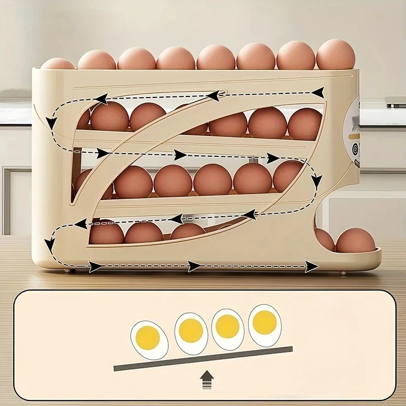 Beige rullende 3-lags eggorganiserer med ulike eggformer og diagram for plassering.