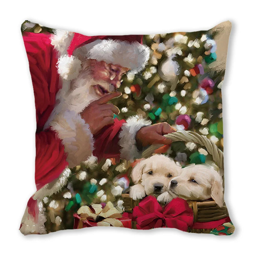 Festlig juleputetrekk med julenisse og golden retriever-valp omgitt av julegrønt.